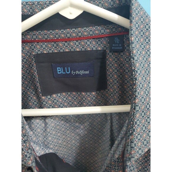 Mens Button Front Shirt Xl Geometric Print Collared Blu By Polifroni Lightweight - Picture 5 of 11
